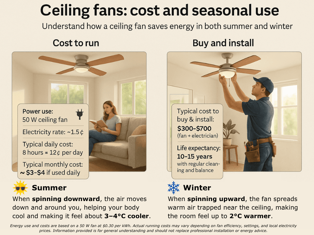Infographic showing how ceiling fans reduce energy costs in summer and winter, including running cost estimates and typical installation costs.