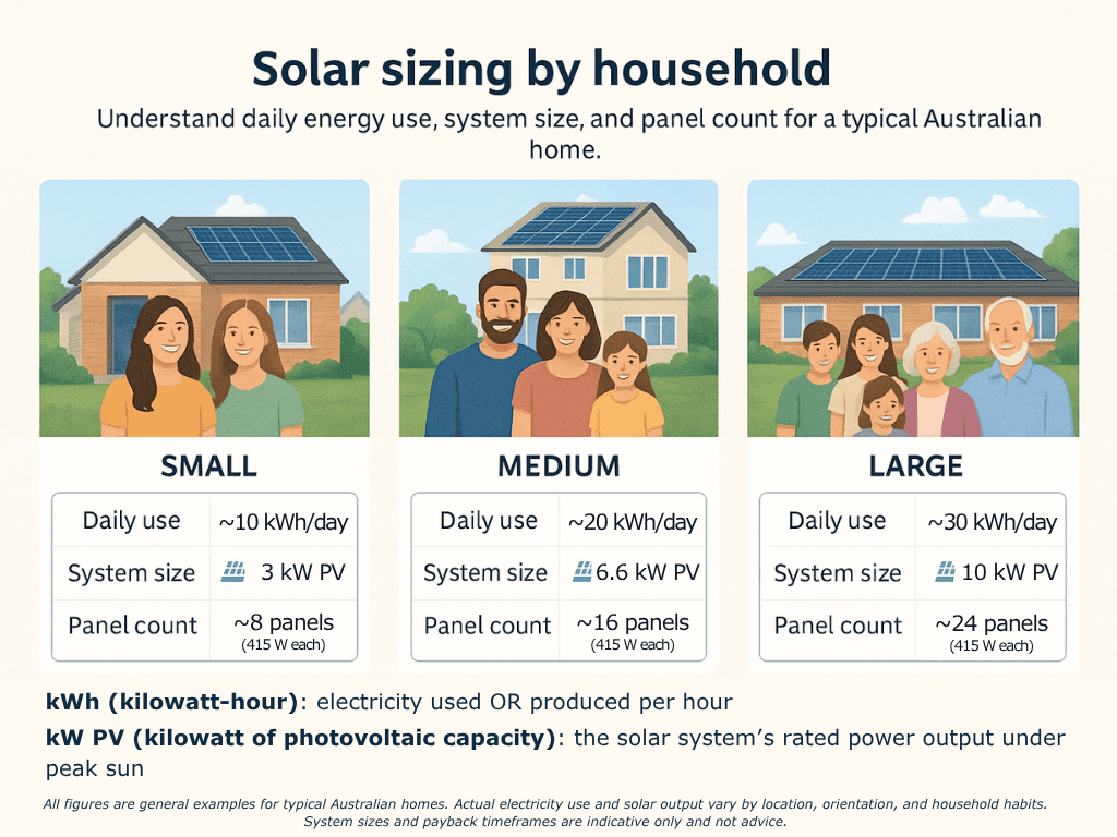 Infographic showing how solar panels support household energy needs, with typical daily kWh use and approximate panel count recommendations for small, medium and large Australian households.