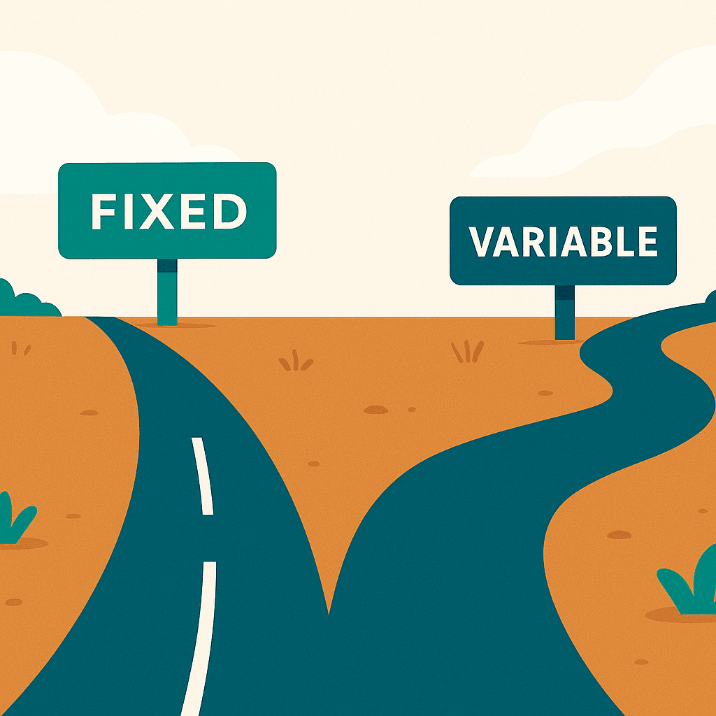 Two parallel paths, one straight and solid, the other gently winding, blending to show choosing fixed, variable or split loan structure
