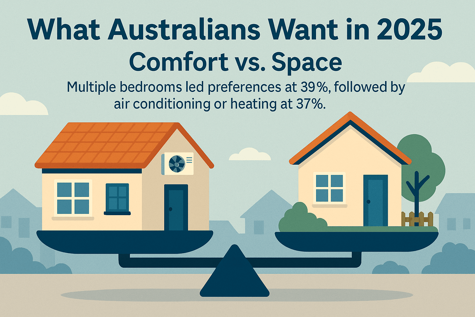 Two houses on a beam scale, one heavier with extra bedroom and air con, the other lighter with bigger yard, showing trade-off.